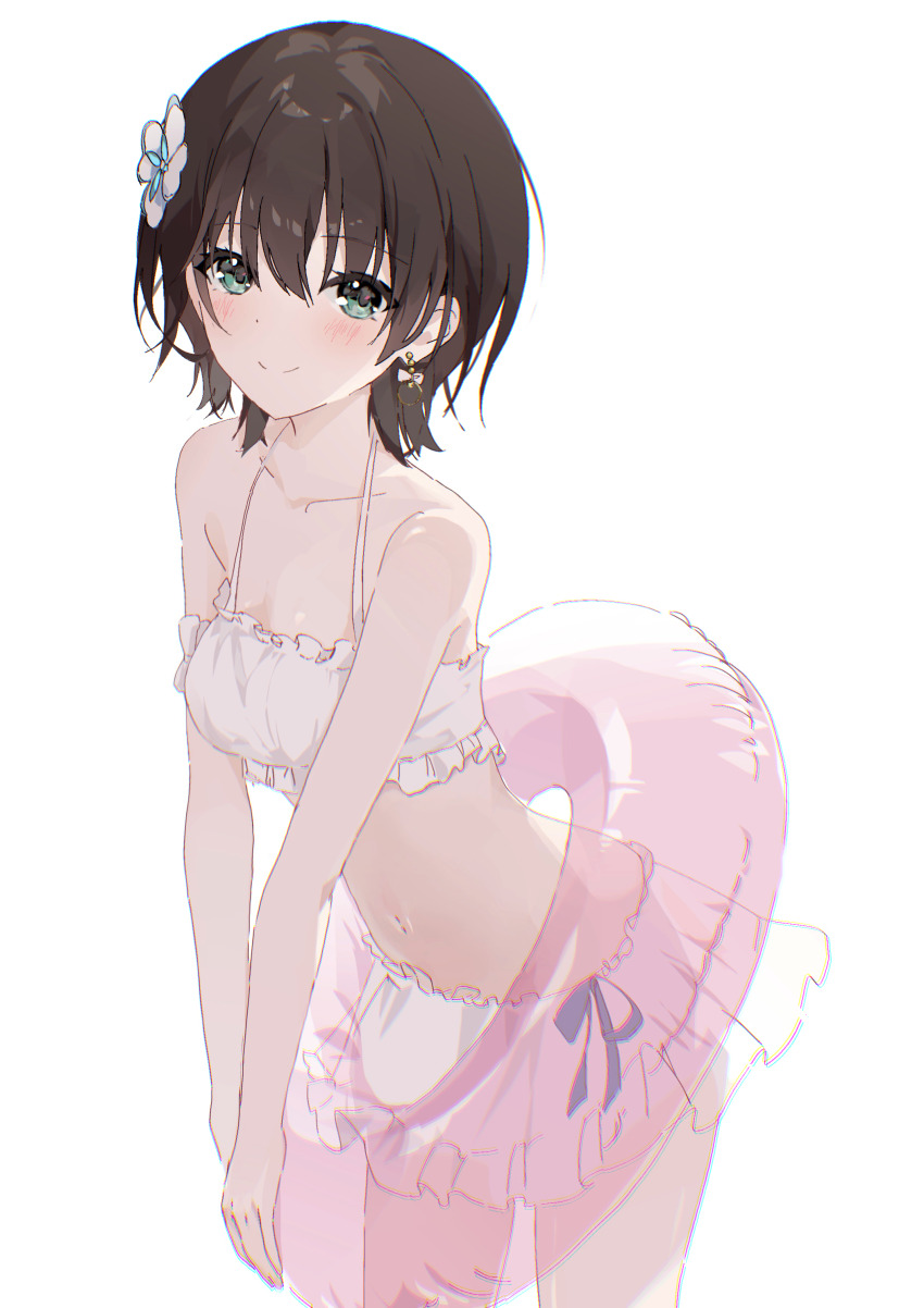 1girl absurdres aoi_erika aqua_eyes bikini black_hair blush closed_mouth collarbone commentary cowboy_shot earrings eyes_visible_through_hair flower flower_on_head frilled_bikini frills hair_between_eyes hair_flower hair_ornament heaven_burns_red highres innertube jewelry leaning_forward looking_at_viewer nujii short_hair simple_background smile solo split_mouth swim_ring swimsuit v_arms white_background white_bikini white_flower