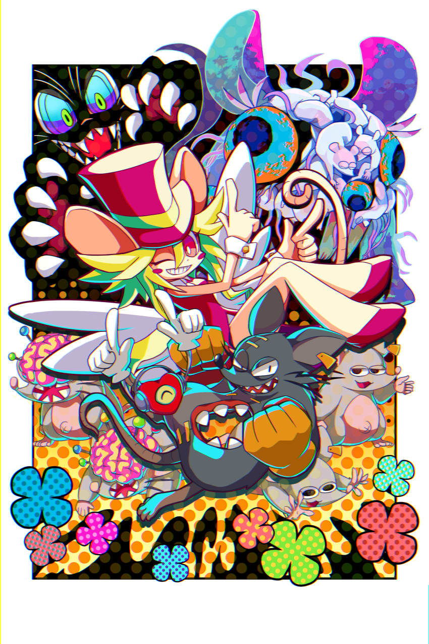 ;d absurdres blonde_hair blush_stickers brain claws commentary_request exposed_brain closed_eyes fangs ghost_rat_(mad_rat_dead) grin hakuginnosora hat heart heart_(mad_rat_dead) highres long_hair mad_rat mad_rat_dead mob_rat_(mad_rat_dead) nippon_ichi no_humans one_eye_closed open_mouth polka_dot rat_god sharp_teeth sleeping smile standing teeth the_cat_(mad_rat_dead) top_hat