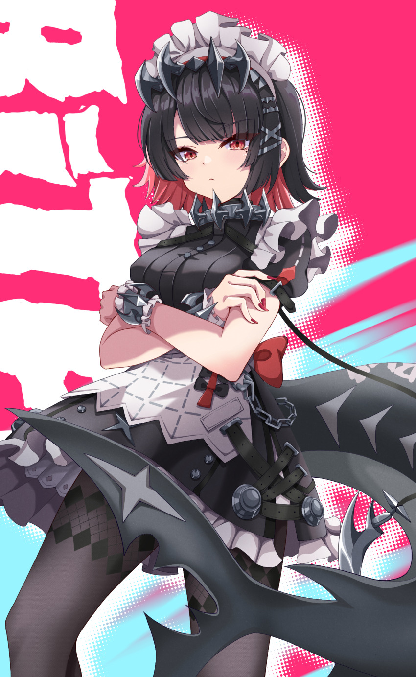 1girl apron black_hair black_pantyhose breasts chain closed_mouth crossed_arms ellen_joe fins fish_tail frilled_apron frilled_hairband frilled_wrist_cuffs frills hair_ornament hairband highres kokonoe910 maid maid_apron maid_headdress medium_breasts mole mole_under_eye pantyhose puffy_short_sleeves puffy_sleeves red_eyes red_hair red_nails shark_girl shark_tail short_hair short_sleeves solo tail waist_apron white_apron wrist_cuffs zenless_zone_zero