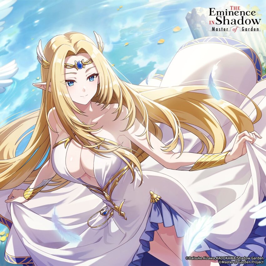 1girl alpha_(kage_no_jitsuryokusha_ni_naritakute!) artist_request bare_shoulders blonde_hair blue_eyes breasts closed_mouth collarbone copyright_name copyright_notice dress falling_feathers feathers hair_ornament kage_no_jitsuryokusha_ni_naritakute! kage_no_jitsuryokusha_ni_naritakute!_master_of_garden large_breasts long_hair official_art petals petals_on_liquid pointy_ears skirt_hold solo water white_dress white_feathers wing_hair_ornament