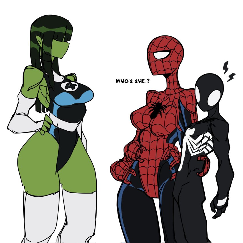 1boy 2girls colored_skin english_text fantastic_four green_hair green_skin highres jennifer_walters marvel multiple_girls she-hulk simple_background spider-man spider-man_(series) symbiote t1tans90 tagme talking thighhighs torso_grab venom_(marvel) white_background white_thighhighs