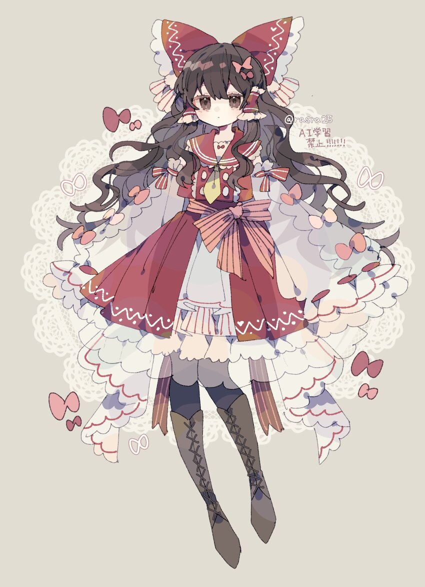 1girl absurdres black_pantyhose boots bow brown_boots brown_eyes brown_hair closed_mouth commentary detached_sleeves dress frilled_bow frilled_dress frilled_hair_tubes frills full_body grey_background hair_bow hair_tubes hakurei_reimu highres lace-up_boots long_hair long_sleeves looking_at_viewer nikorashi-ka pantyhose red_bow red_dress red_sailor_collar ribbon-trimmed_sleeves ribbon_trim sailor_collar sidelocks simple_background sleeveless sleeveless_dress sleeves_past_fingers sleeves_past_wrists solo touhou twitter_username watermark white_sleeves