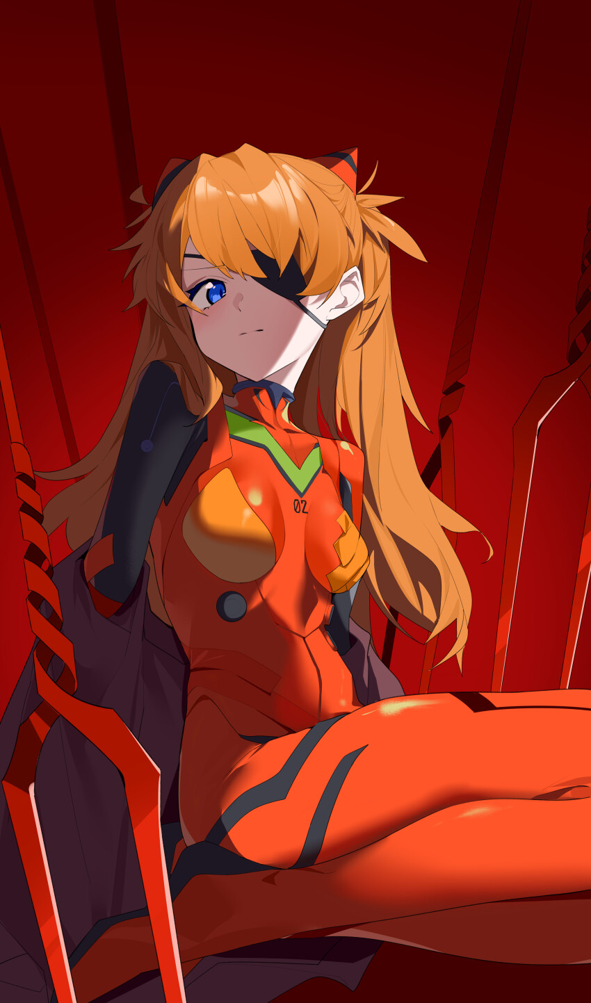 1girl absurdres blue_eyes bodysuit breasts eyepatch highres jacket kneeling lance_of_longinus_(evangelion) long_hair looking_at_viewer mecha_pilot_suit neon_genesis_evangelion orange_hair plugsuit_(evangelion) polearm sitting small_breasts souryuu_asuka_langley spear twintails wako_(1194433260) weapon
