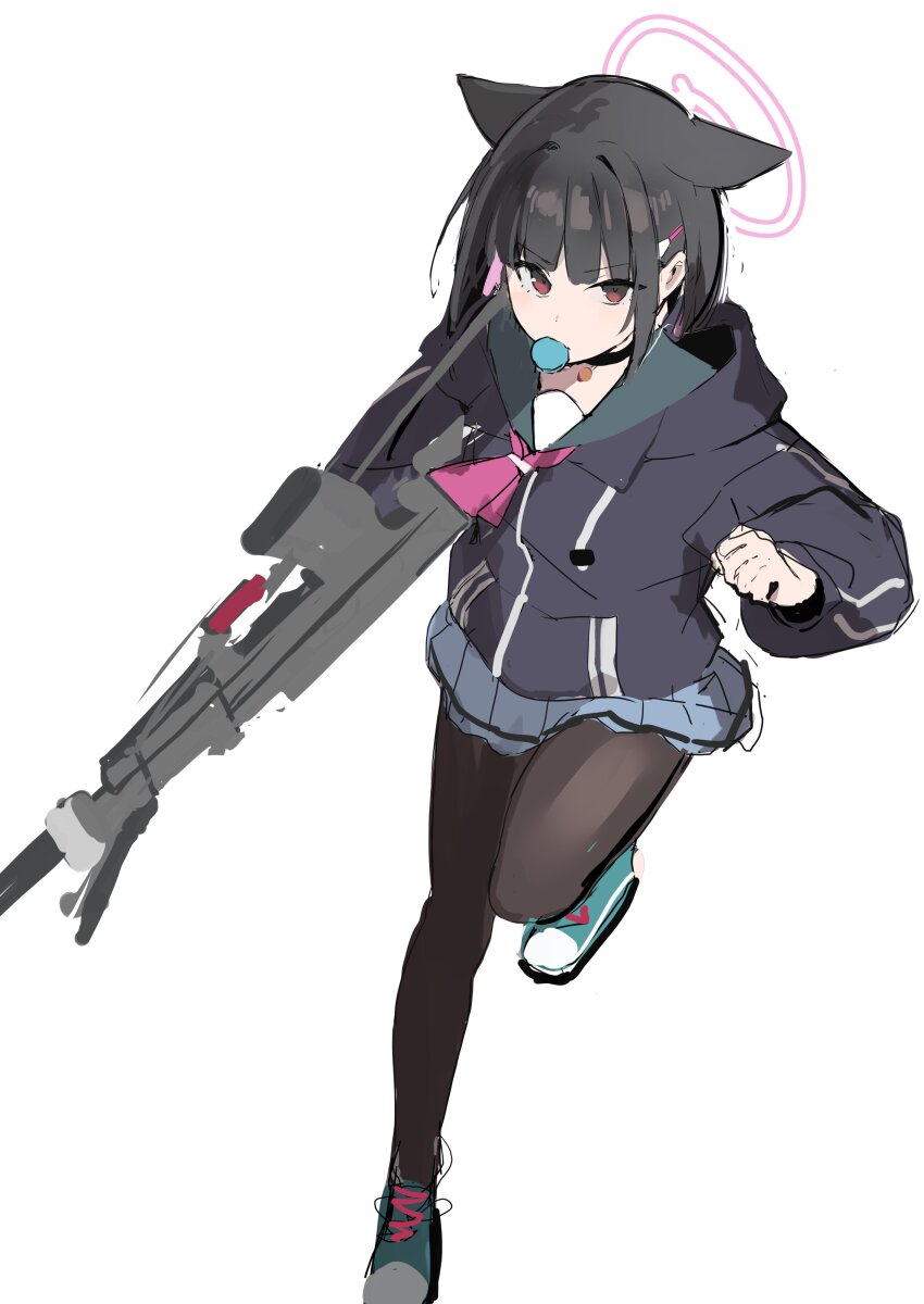 1girl absurdres animal_ears black_hair black_hoodie blue_archive bren_lmg food gun hair_ornament hairclip halo highres holding holding_gun holding_weapon hood hood_down hoodie kazusa_(blue_archive) leg_up light_machine_gun long_sleeves macaron machine_gun miniskirt mouth_hold pantyhose pink_hair pleated_skirt red_eyes ryou_(ponpgo) shoes short_hair simple_background sketch skirt solo weapon white_background