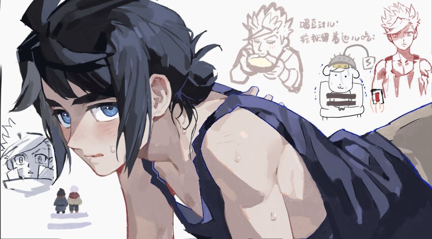 2boys blush burger doodle_inset eating food gundam gundam_gquuuuuux gundam_tekketsu_no_orphans hair_bun highres holding holding_burger holding_food looking_at_viewer male_focus mikazuki_augus multiple_boys orga_itsuka parody scene_reference short_hair simple_background single_hair_bun sleeveless sumooo_(ga_ilil) sweat tank_top upper_body white_background