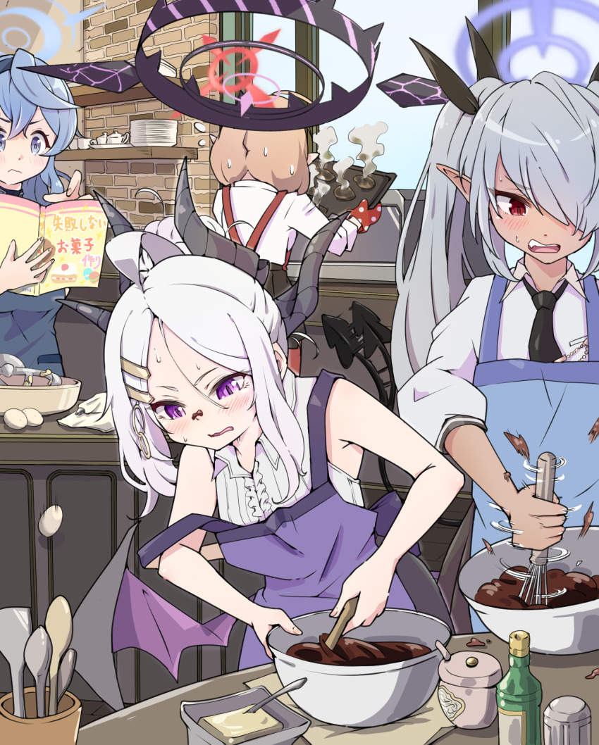 4girls ahoge ako_(blue_archive) alternate_costume alternate_hairstyle apron armpits black_halo black_necktie black_skirt blue_apron blue_archive blue_eyes blue_hair blue_halo book bottle bowl brick_wall brown_hair burnt_food butter chinatsu_(blue_archive) chocolate chocolate_making collared_shirt commentary_request cookbook cup dark-skinned_female dark_skin demon_girl demon_horns demon_tail demon_wings flying_sweatdrops food forehead grey_hair grey_halo hair_between_eyes hair_ornament hair_over_one_eye hair_ribbon hairband hairclip halo highres hina_(blue_archive) holding holding_book holding_bowl holding_tray holding_whisk horns indoors iori_(blue_archive) kitchen long_hair long_sleeves mittens mixing_bowl mosuke1221 multicolored_halo multiple_girls necktie nervous_sweating oven pantyhose parted_bangs plate plate_stack pleated_skirt pointy_ears polka_dot_mittens ponytail prefect_team_(blue_archive) purple_apron purple_eyes red_apron red_eyes red_halo red_mittens red_pantyhose ribbon shirt sidelocks skirt sleeveless sleeveless_shirt smoke sweat sweatdrop tail tail_wagging tea_set teacup teapot translation_request tray twintails two-tone_halo upper_body wavy_hair whisk white_hair white_shirt window wings