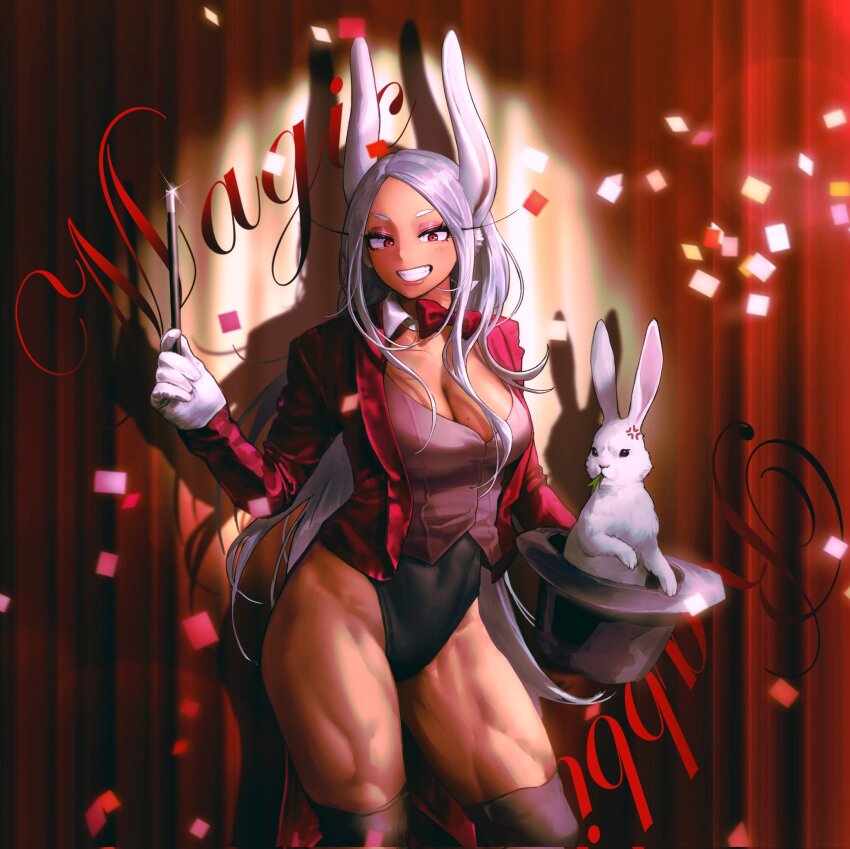 166_172 1girl anger_vein animal_ears black_leotard black_thighhighs blush boku_no_hero_academia bow bowtie breasts cleavage collar commentary confetti contrapposto covered_abs covered_navel dark-skinned_female dark_skin detached_collar english_commentary english_text from_hat_trick gloves grin hat hat_basket highleg highleg_leotard highres holding holding_unworn_clothes holding_unworn_hat holding_wand jacket large_breasts leotard long_eyelashes long_hair looking_at_viewer magic_trick magician&#039;s_wand mirko parted_bangs rabbit rabbit_ears rabbit_girl red_bow red_bowtie red_eyes red_jacket smile solo tailcoat thick_thighs thighhighs thighs toned toned_female top_hat traditional_bowtie unworn_hat unworn_headwear very_long_hair vest wand white_collar white_gloves white_hair