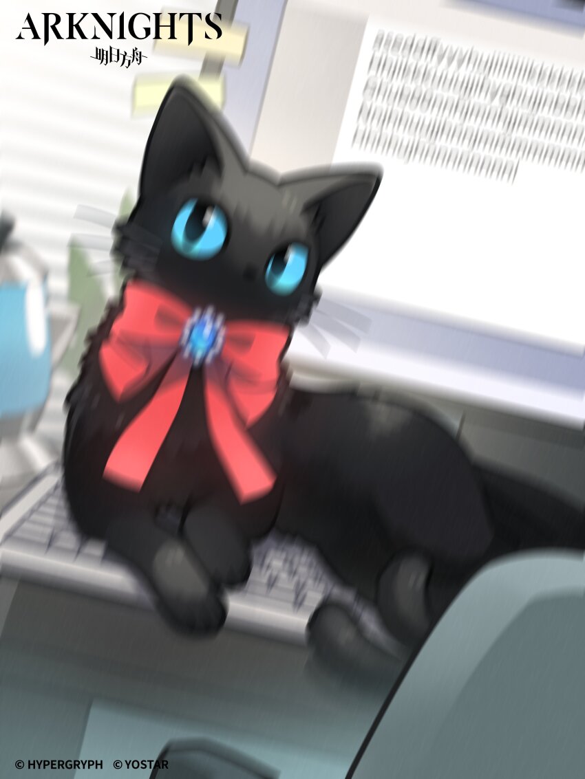 1girl absurdres arknights black_cat blue_eyes blurry bow bowtie brooch cat cat_on_keyboard chair commentary computer_keyboard copyright_name copyright_notice english_commentary highres jewelry kettle miss_christine_(arknights) monitor morini_ochiteru multiple_tails official_art red_bow red_bowtie second-party_source tail