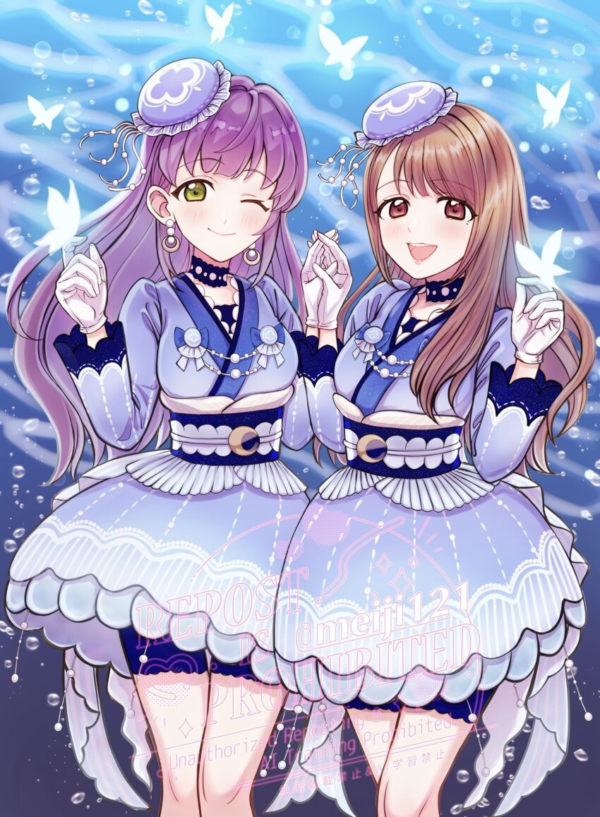 2girls :d ;) animification beret bike_shorts bike_shorts_under_skirt blue_hat blue_kimono blue_shorts blue_skirt blush breasts brown_eyes brown_hair bug butterfly butterfly_on_hand closed_mouth commentary_request feet_out_of_frame frilled_hat frills gloves green_eyes hair_intakes hanamiya_nina hat highres holding_hands insect japanese_clothes kimono link!_like!_love_live! long_hair long_sleeves love_live! medium_breasts meiji_(mosamoo3) mini_hat miniskirt mole mole_under_eye multiple_girls official_alternate_costume one_eye_closed open_mouth otomune_kozue purple_hair real_life short_shorts shorts sidelocks skirt smile teeth tsukuyomi_kurage underwater upper_teeth_only virtual_youtuber voice_actor voice_actor_connection watermark white_gloves