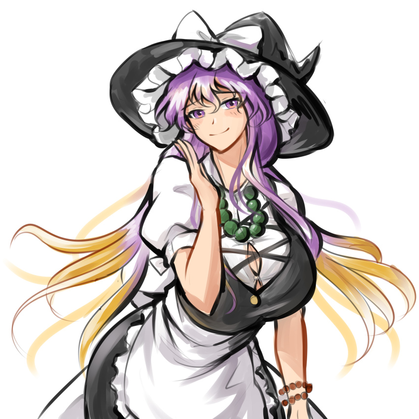 absurdres apron black_dress black_vest bow bracelet breasts cosplay dress edz_drawz gradient_hair hat highres hijiri_byakuren jewelry kirisame_marisa kirisame_marisa_(cosplay) large_breasts looking_at_viewer multicolored_hair puffy_sleeves purple_eyes purple_hair smile touhou vest white_apron white_bow witch witch_hat