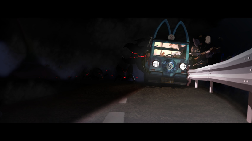 1girl 1other androgynous attack black_hair brown_hair bus captain_(kemono_friends) cellien_(kemono_friends) driving glowing gozouroppu2 grabbing unworn_headwear helmet japari_bus japari_symbol kemono_friends kemono_friends_3 letterboxed light looking_at_another monster motor_vehicle night o_o outdoors pith_helmet road street