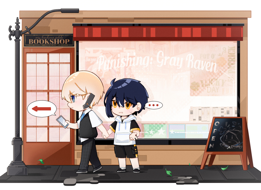 ... 2boys alternate_costume arrow_(symbol) cellphone chibi contemporary dochikun highres holding_hands image_sample lee:_hyperreal_(pgr) lee_(pgr) multiple_boys phone pixiv_sample punishing:_gray_raven smartphone