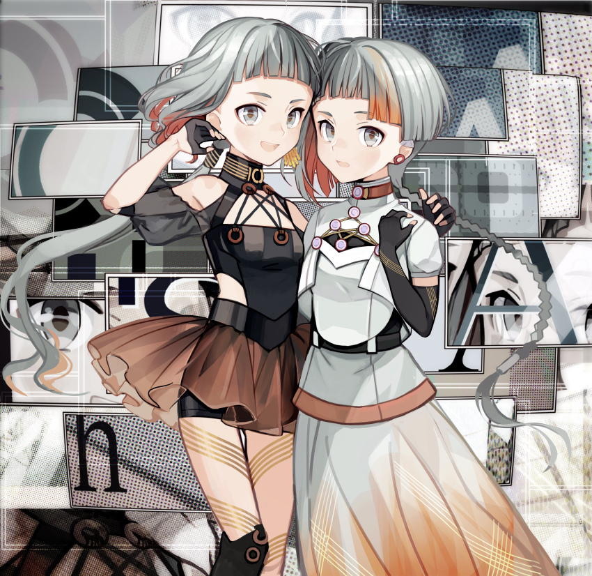 2girls absurdres asymmetrical_legwear black_gloves black_shirt blunt_bangs braid cevio chest_cutout chis-a colored_inner_hair commentary dual_persona earrings elbow_gloves fingerless_gloves gloves gradient_clothes gradient_skirt green_hair half_gloves highres jewelry kari_kenji long_hair looking_at_viewer multicolored_hair multiple_girls open_mouth orange_hair orange_skirt see-through_clothes see-through_skirt shirt short_sleeves shorts shorts_under_skirt skirt smile voisona white_shirt white_skirt zoom_layer