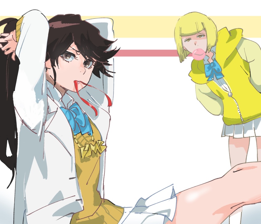 2girls arms_up bambietta_basterbine black_hair bleach bleach:_sennen_kessen-hen blonde_hair blowing_bubbles blue_bow blue_bowtie blunt_bangs blunt_ends bob_cut bow bowtie brown_eyes chewing_gum commentary english_commentary feet_out_of_frame gold_necklace hands_in_pockets highres hood hood_down hoodie jacket jewelry kubo_tite_(style) liltotto_lamperd long_hair looking_at_viewer miniskirt mouth_hold multiple_girls necklace official_alternate_costume partially_open_hoodie red_ribbon ribbon school_uniform sekihan_(6kihan) sitting skirt standing sweater_vest white_jacket white_skirt yellow_hoodie