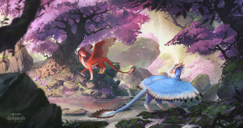 animal_focus artist_name blue_tail blue_wings clockbirds commentary commission dragon dragon_horn dragon_tail english_commentary feathered_wings flower forest highres horns landscape looking_at_another making-of_available nature no_humans orange_tail orange_wings original outdoors partially_feathered_tail photoshop_(medium) purple_flower river rock sunlight tail tree watermark white_horns wings wisteria