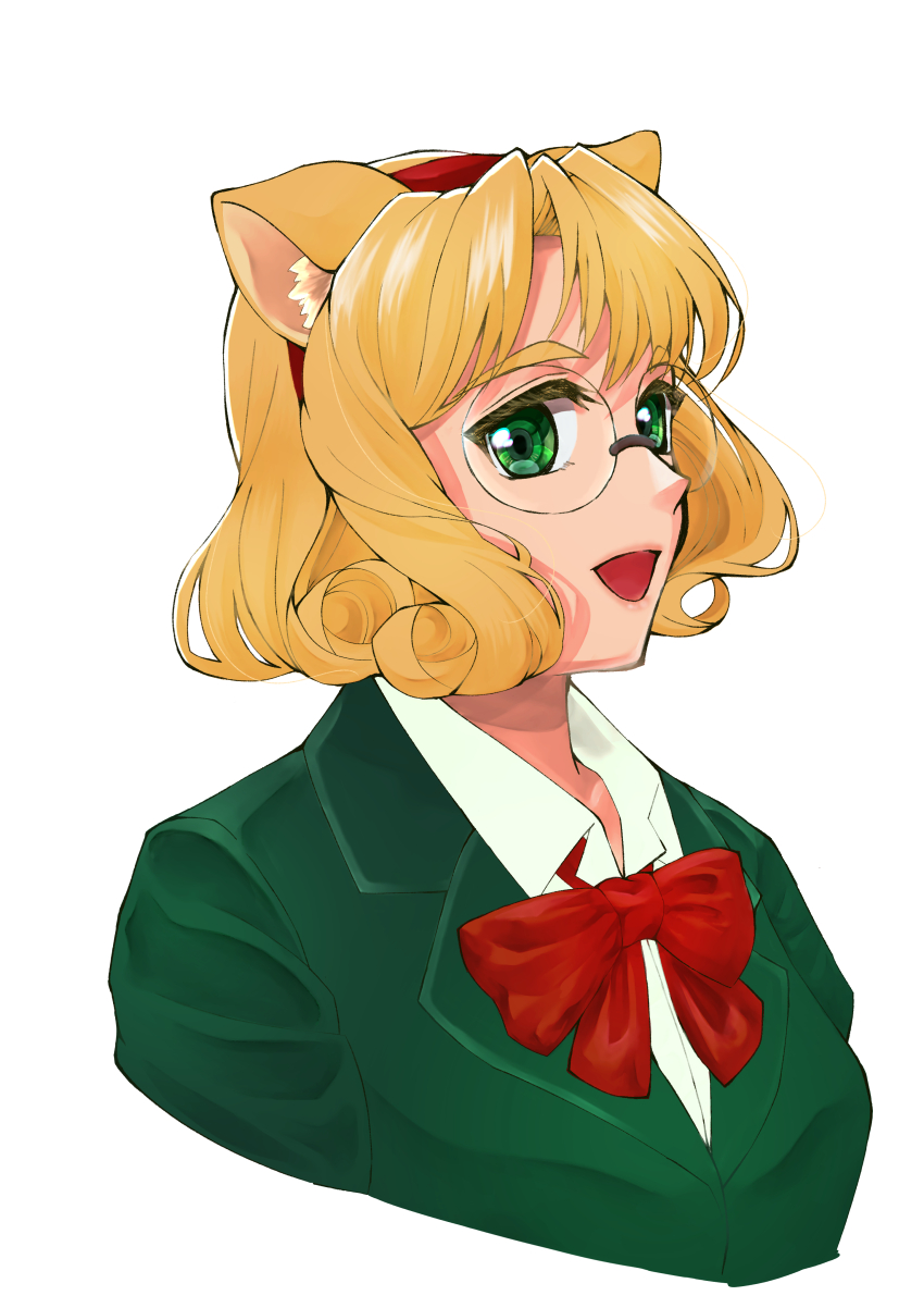 1girl :d absurdres blonde_hair fumiko-teraoka green_eyes hairband highres hououji_fuu magic_knight_rayearth open_mouth pale_skin red_hairband round_eyewear school_uniform simple_background smile solo white_background