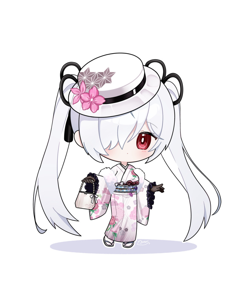1girl bag black_gloves blush chibi chibi_only cinderella_(nikke) commentary deformed floral_print flower frills full_body fur_trim gloves goddess_of_victory:_nikke hair_over_one_eye hands_up hat hat_flower hat_ribbon highres holding holding_bag japanese_clothes kimono long_hair long_sleeves looking_at_viewer momori_sensei obi official_alternate_costume outstretched_arms red_eyes ribbon sandals sash shadow signature simple_background socks solo spread_arms tabi twintails very_long_hair white_background white_hair white_hat wide_sleeves