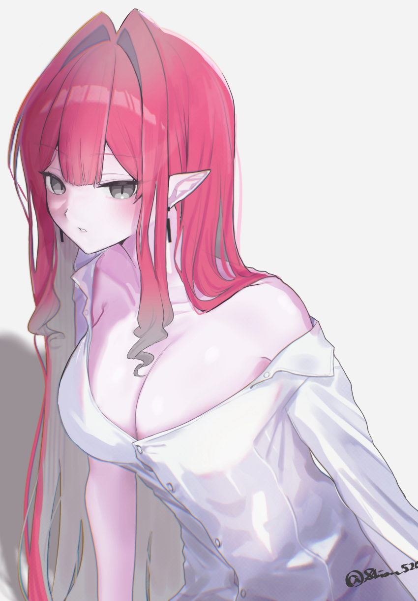 1girl absurdres baobhan_sith_(fate) blush breasts cleavage earrings fate/grand_order fate_(series) grey_eyes highres jewelry long_hair looking_at_viewer pink_hair pointy_ears shirt sidelocks solo user_zdnt8555 white_background white_shirt
