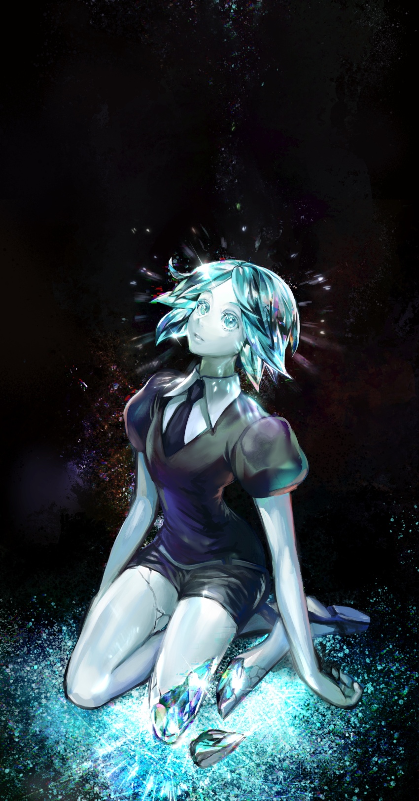 1other absurdres amputee androgynous aqua_eyes aqua_hair broken collared_shirt colored_eyelashes colored_skin cracked_skin crystal_hair dark_background gem gem_uniform_(houseki_no_kuni) glowing glowing_hair highres houseki_no_kuni ida_rintarou looking_up necktie on_ground other_focus parted_bangs phosphophyllite phosphophyllite_(gemstone) puffy_short_sleeves puffy_sleeves seiza severed_foot severed_leg severed_limb shirt short_hair short_jumpsuit short_shorts short_sleeves shorts sitting solo white_shirt white_skin wing_collar