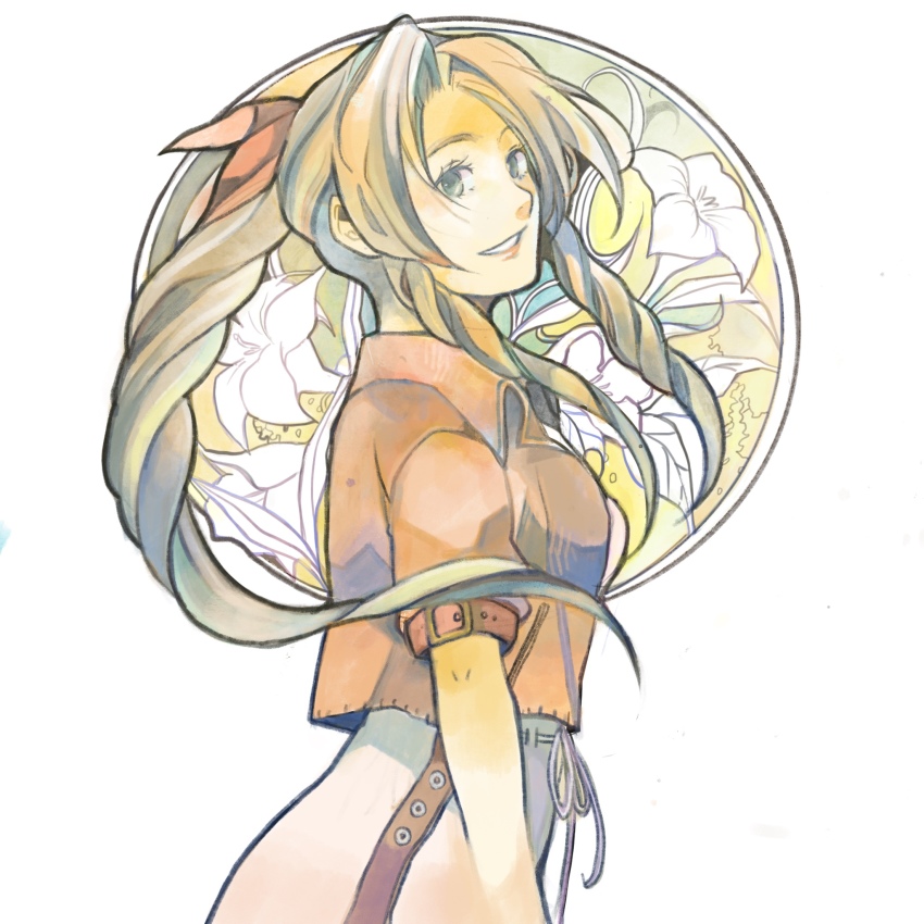 1girl aerith_gainsborough braid braided_ponytail breasts cropped_jacket final_fantasy final_fantasy_vii final_fantasy_vii_remake floral_background genpai39 hair_ribbon highres idolmaster jacket long_hair looking_at_viewer medium_breasts parted_bangs parted_lips pink_diamond_765_(idolmaster) red_jacket ribbon sidelocks simple_background smile solo square_enix upper_body white_background