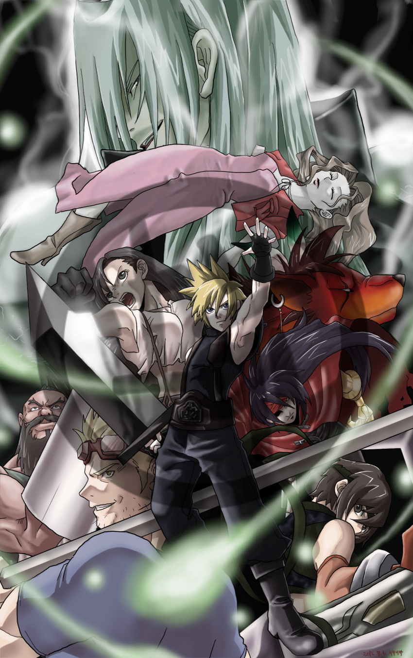 1990s_(style) 3girls 5boys absurdres aerith_gainsborough barret_wallace black_eyes black_hair blonde_hair blue_eyes bread brown_hair cape cid_highwind cloud_strife closed_eyes facial_hair final_fantasy final_fantasy_vii fingerless_gloves food gloves goggles goggles_on_head grey_hair grin highres long_hair looking_at_viewer multiple_boys multiple_girls red_xiii smile suspenders tifa_lockhart vincent_valentine yuffie_kisaragi