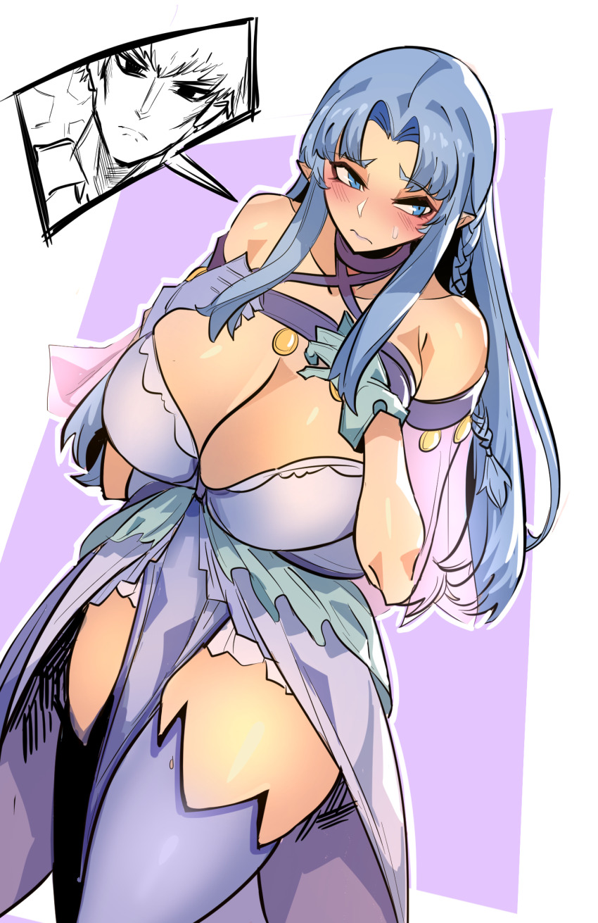1boy 1girl alternate_breast_size aqua_gloves asymmetrical_gloves blue_hair blush braid breasts cleavage collarbone collared_shirt cosplay curvy dress dutch_angle embarrassed fate/grand_order fate/stay_night fate_(series) genman gloves highres huge_breasts kuzuki_souichirou long_hair medea_(caster)_(fate) medea_(fate) medea_lily_(fate) medea_lily_(fate)_(cosplay) mismatched_gloves parted_bangs pointy_ears purple_gloves see-through_clothes see-through_sleeves shirt skindentation sweatdrop thighhighs