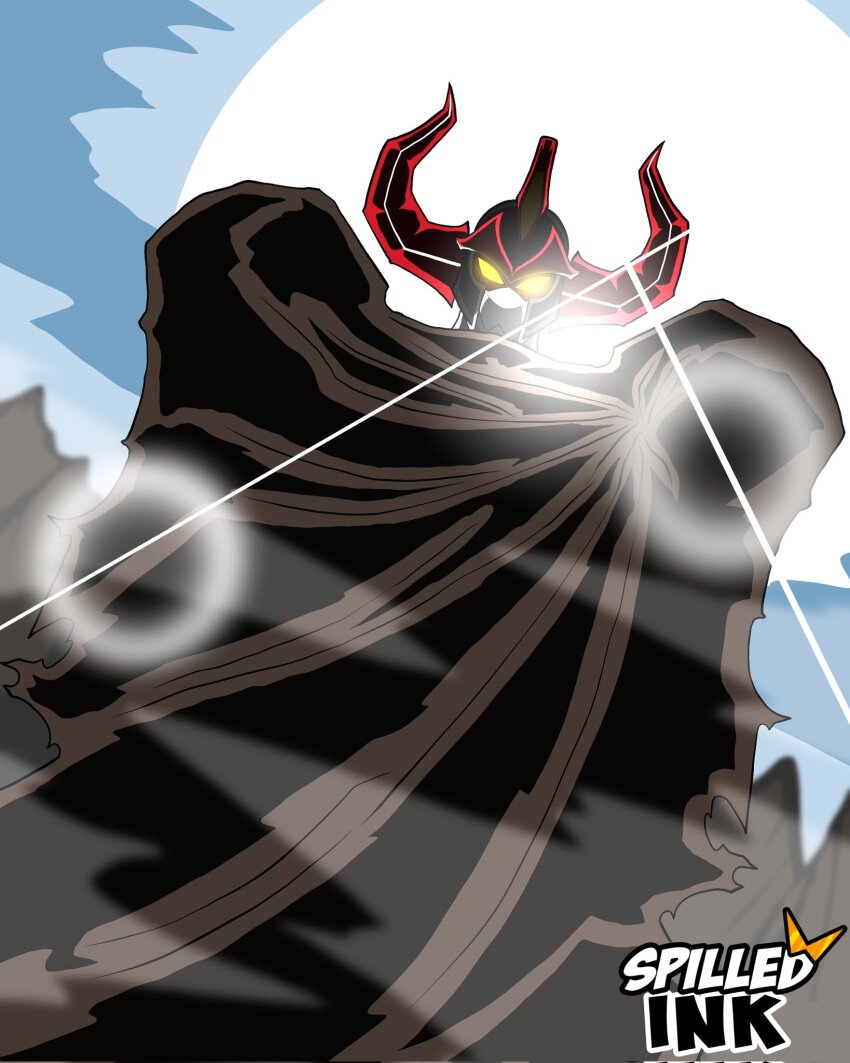 armor battle blue_sky cape cloud cloudy_sky daizyuzin day glowing glowing_eyes highres horns kyouryuu_sentai_zyuranger looking_at_viewer mecha no.1_sentai_gozyuger no_humans outdoors parody robot science_fiction sky solo spilled_ink standing style_parody sun super_robot super_sentai tengen_toppa_gurren_lagann tokusatsu yellow_eyes