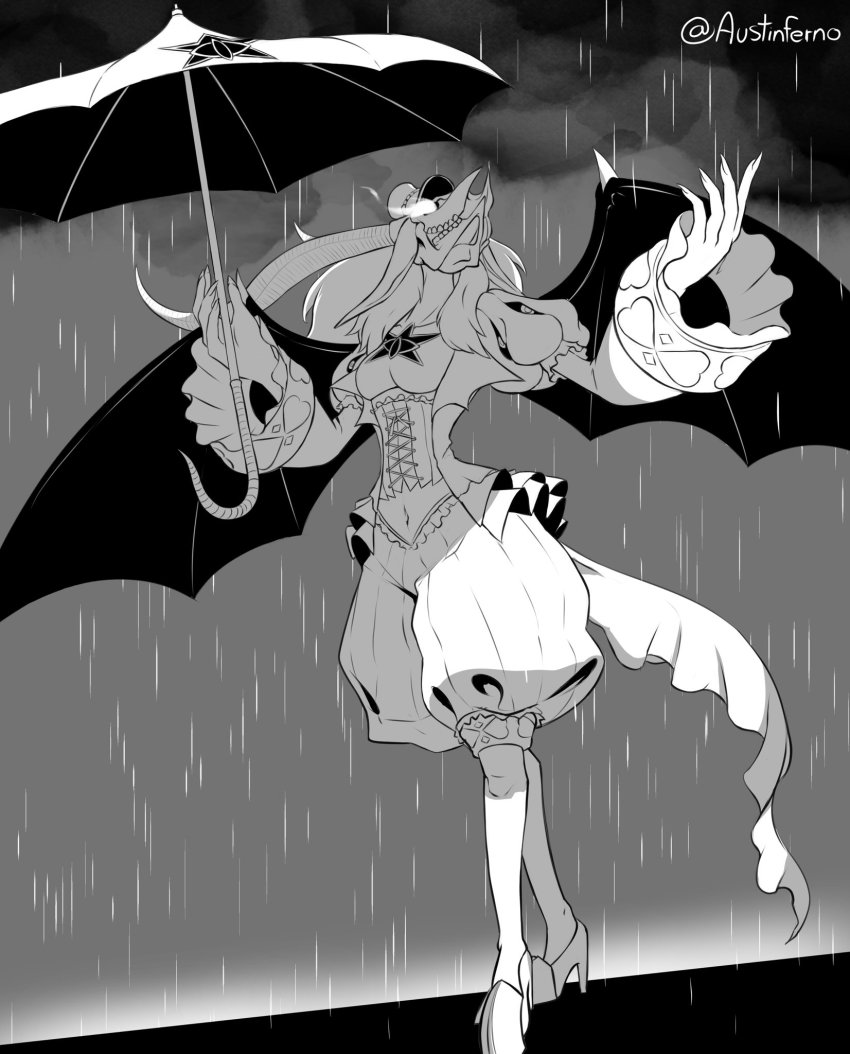 1girl digimon highres horns mephismon mephismon_x-antibody rain skull solo umbrella wings