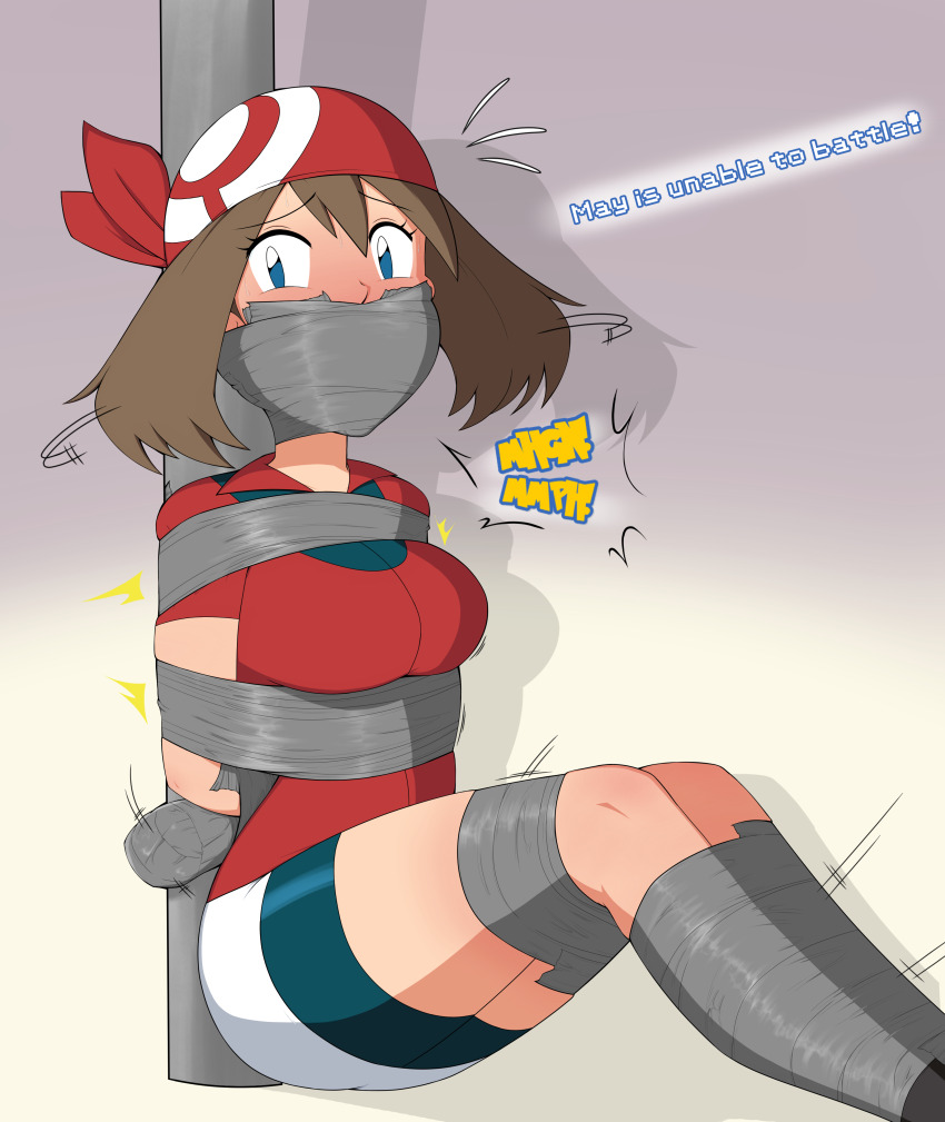 1girl absurdres arms_behind_back autotaped bdsm blush bondage bound gag gagged highres improvised_gag may_(pokemon) motion_lines nintendo pokemon pokemon_rse solo struggling tape tape_bondage tape_gag taped_arms taped_fingers taped_hands taped_legs tied_to_stake