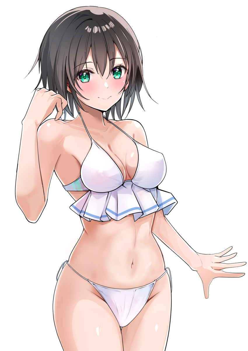 1girl absurdres aoi_erika bare_shoulders bikini bikini_bottom_only black_hair blush breasts cleavage closed_mouth collarbone green_eyes hair_between_eyes heaven_burns_red highres large_breasts looking_at_viewer medium_breasts natsuki_(muravito) navel short_hair side-tie_bikini_bottom side-tie_clothing side-tie_swimsuit smile solo standing stomach swimsuit thighs white_bikini