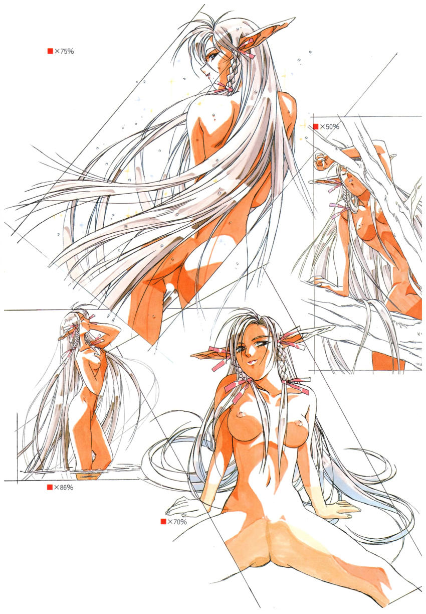 1990s_(style) 1girl ass braid breasts censored climbing_tree closed_eyes dragon_knight_(elf) dragon_knight_4 highres long_hair looking_at_viewer looking_back marker_(medium) marlene medium_breasts multiple_views navel nipples non-web_source nude official_art pointy_ears retro_artstyle spread_legs takei_masaki traditional_media twin_braids very_long_hair wet white_hair