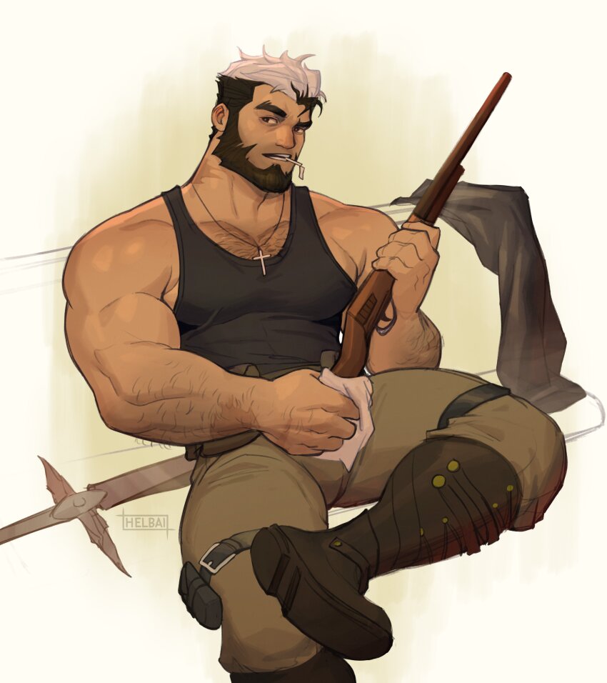 1boy absurdres artist_name bara beard biceps black_hair boots cigarette cleaning cleaning_weapon cross cross_necklace facial_hair gun hairy helbai henri_(helbai) highres jewelry large_pectorals leather leather_belt looking_to_the_side male_focus manly mature_male multicolored_hair muscular muscular_arms muscular_male necklace pants pectorals red_eyes signature simple_background solo sucking_up_to_death sword tank_top teeth thick_eyebrows thighs very_hairy weapon white_background white_hair