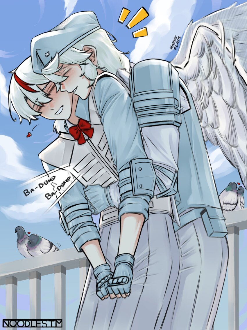 2girls absurdres angel_wings artist_name bird blue_gloves blue_shirt blue_sky blush closed_eyes cloud commentary day fingerless_gloves gloves grey_skirt heart heartbeat highres hug hug_from_behind kanna_(love-bullet) koharu_(love-bullet) load_bearing_vest long_sleeves love-bullet multicolored_hair multiple_girls noodlestm notice_lines outdoors parted_lips pigeon pleated_skirt railing red_hair shirt skirt sky sleeves_rolled_up smile streaked_hair vest white_hair white_vest wings yuri