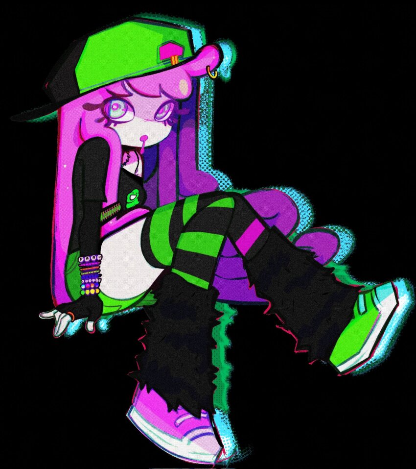 1girl :d alternate_costume bare_shoulders baseball_cap black_background black_leg_warmers black_shirt bracelet collar full_body green_hat green_shoes green_shorts green_socks harmony_(splatoon) hat highres horizontal-striped_socks jewelry leg_warmers long_hair long_sleeves looking_at_viewer multicolored_eyes neon_palette nintendo open_mouth over-kneehighs pink_hair pink_shoes pink_socks shirt shoes shorts simple_background smile socks solo splatoon_(series) splatoon_3 striped_clothes striped_socks tentacle_hair thighhighs tripledip zettai_ryouiki