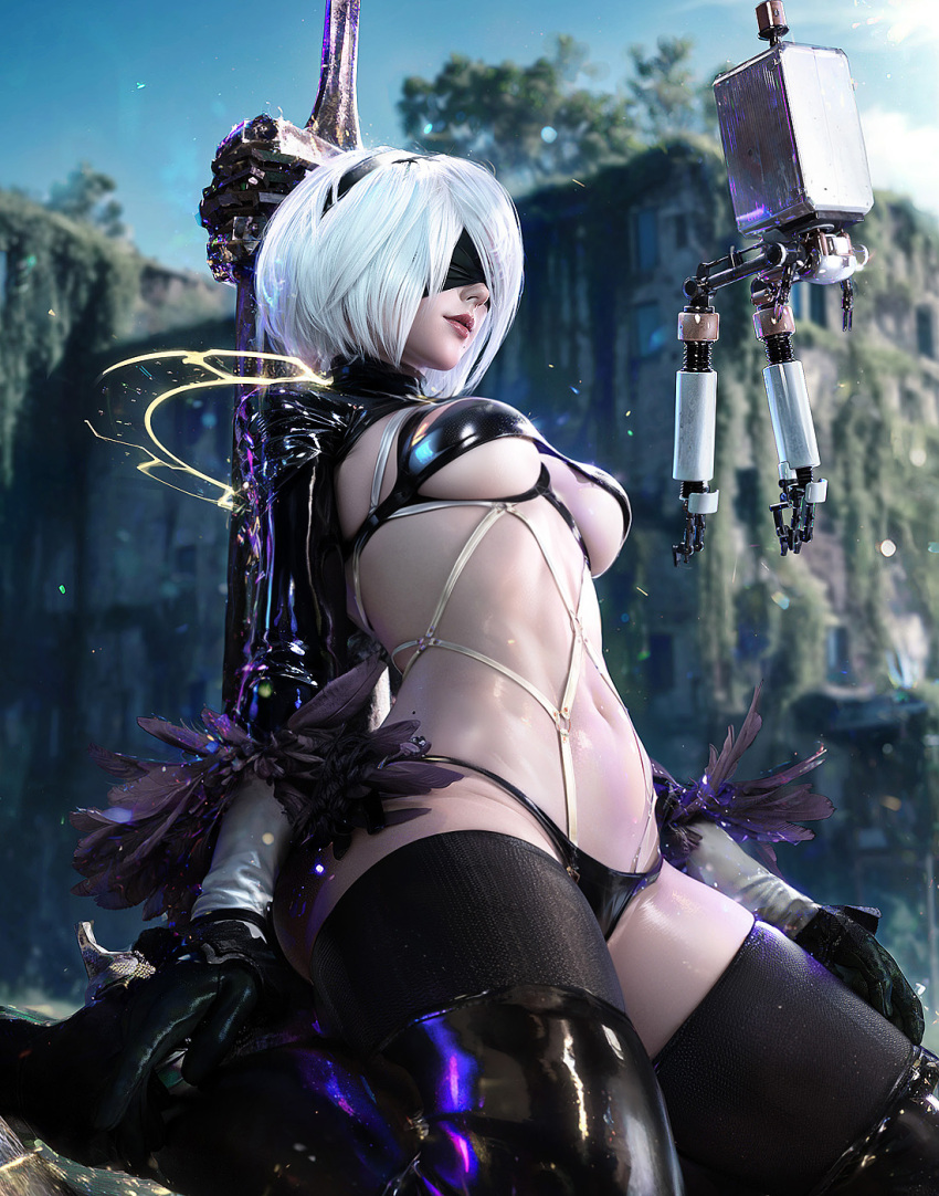 1girl 2b_(nier:automata) 7bpictures bikini black_bikini black_blindfold black_gloves black_hairband black_thighhighs blindfold boots breasts clothing_cutout commentary english_commentary feather-trimmed_sleeves feet_out_of_frame gloves hairband highres knees_out_of_frame large_breasts lips long_sleeves mole mole_under_mouth navel nier:automata nier_(series) pod_(nier:automata) short_hair solo swimsuit sword thigh_boots thighhighs thighhighs_under_boots underboob underboob_cutout weapon white_hair
