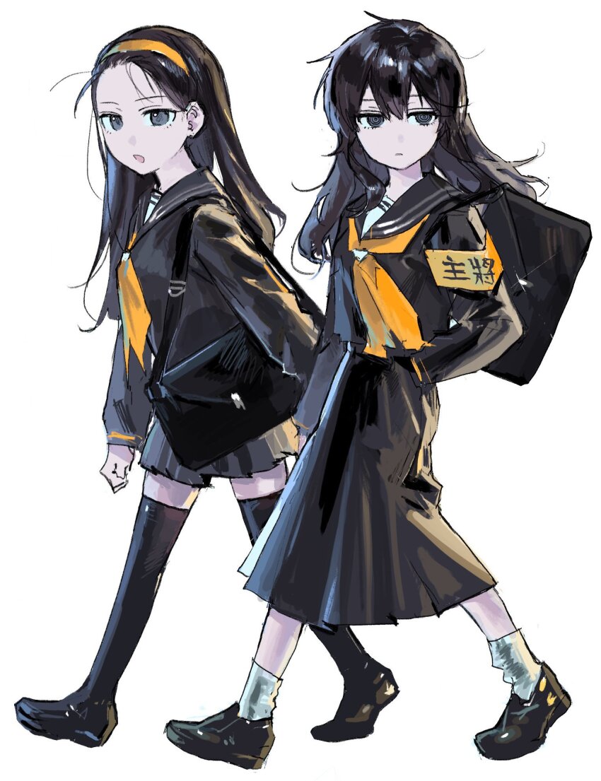 2girls armband bag bangs_pinned_back black_bag black_hair black_sailor_collar black_serafuku black_shirt black_shoes black_skirt black_thighhighs full_body glint grey_eyes hairband highres korean_commentary loafers long_hair long_sleeves looking_at_viewer min_do-sik multiple_girls neckerchief original parted_lips ringed_eyes sailor_collar school_uniform serafuku shirt shoes shoulder_bag simple_background skirt socks thighhighs white_background white_socks yellow_armband yellow_hairband yellow_neckerchief