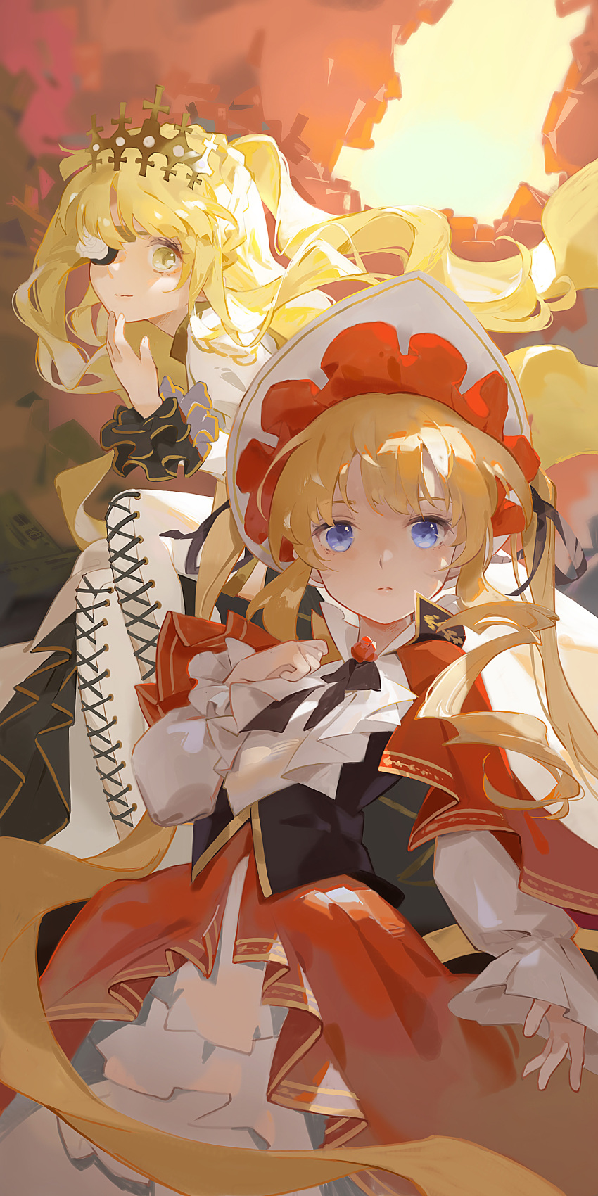 2girls absurdres blonde_hair blue_eyes bonnet boots eyepatch frilled_bonnet frills highres kirakishou lace-up_boots long_hair looking_at_viewer multiple_girls myth1944 red_bonnet rozen_maiden shinku thigh_boots