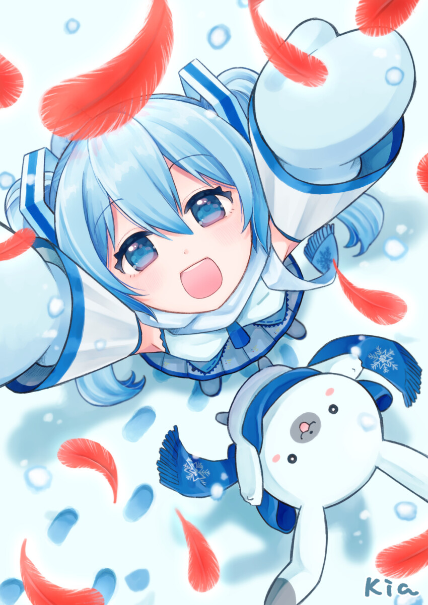 1girl 1other aqua_eyes aqua_hair arms_up blue_scarf blue_trim detached_sleeves falling_feathers feathers grey_skirt hair_between_eyes hair_ornament hatsune_miku highres kia_(kia1206kia) light_blush long_hair long_sleeves looking_up mittens official_alternate_costume open_mouth rabbit rabbit_yukine red_feathers scarf shirt skirt smile snowflake_print twintails very_long_hair vocaloid white_mittens white_scarf white_shirt wide_sleeves yuki_miku yuki_miku_(2011)