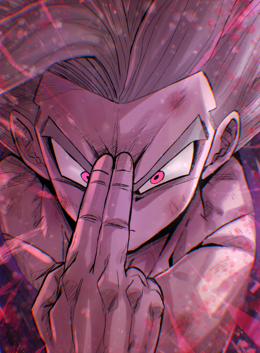 1boy absurdres chiro_illust close-up closed_mouth collarbone commentary_request curtained_hair dragon_ball dragon_ball_super dragon_ball_super_super_hero finger_on_forehead gohan_beast grey_hair highres male_focus pink_eyes scratches solo son_gohan v-shaped_eyebrows
