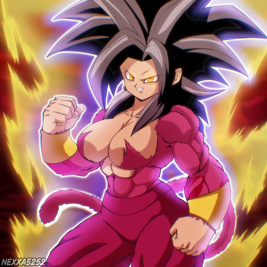 1girl abs absurdres artist_name aura black_hair bracelet breasts dragon_ball dragon_ball_gt dragon_ball_super earrings highres jewelry kefla_(dragon_ball) large_breasts muscular muscular_female nexx_art nexxa pants potara_earrings red_fur spiked_hair super_saiyan super_saiyan_4 tail yellow_eyes