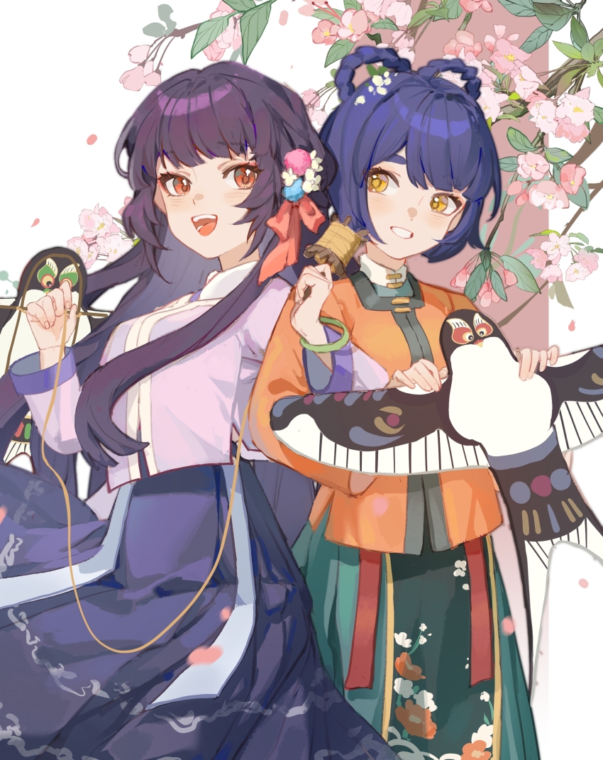 2girls absurdres bird black_hair blue_hair braid braided_hair_rings chinese_clothes flower genshin_impact hair_ornament hair_rings highres holding holding_kite kite long_hair long_sleeves multiple_girls open_mouth purple_hair qxs red_eyes short_hair smile xiangling_(genshin_impact) yellow_eyes yun_jin_(genshin_impact)