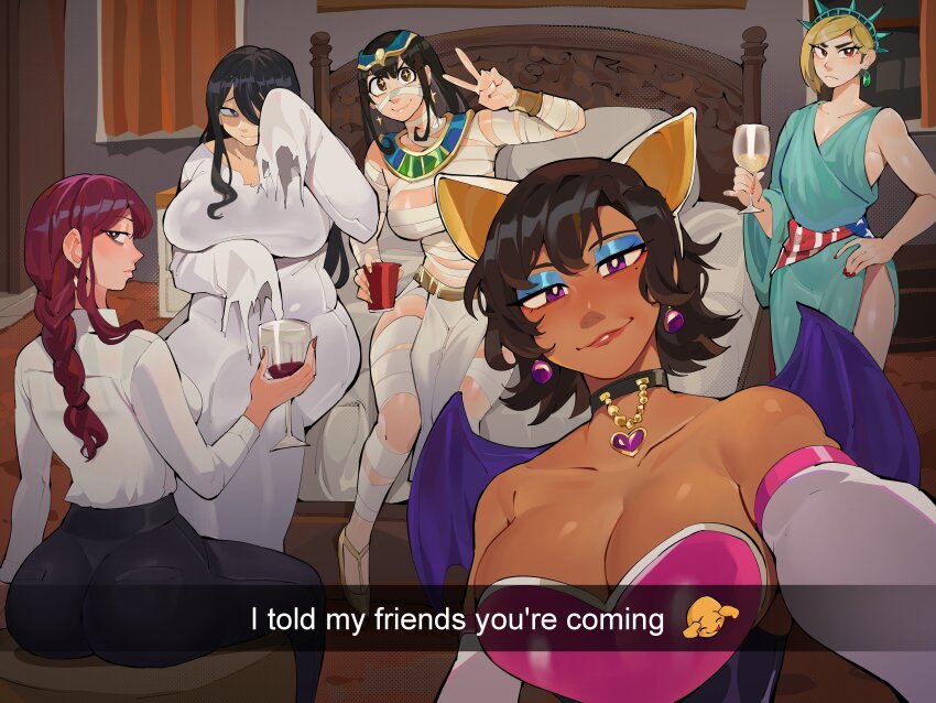 5girls absurdres alcohol alternate_costume alternate_hairstyle ancient_egyptian_clothes black_pants blonde_hair breasts chainsaw_man cosplay dark-skinned_female dark_skin diforland english_text gene_(diforland) ghost_costume halloween halloween_costume highres karen_(diforland) long_hair looking_at_viewer makima_(chainsaw_man) makima_(chainsaw_man)_(cosplay) mature_female multiple_girls mummy_costume original pants reaching reaching_towards_viewer rouge_the_bat rouge_the_bat_(cosplay) selfie shirt smile statue_of_liberty usekh_collar vivien_(diforland) white_shirt wine