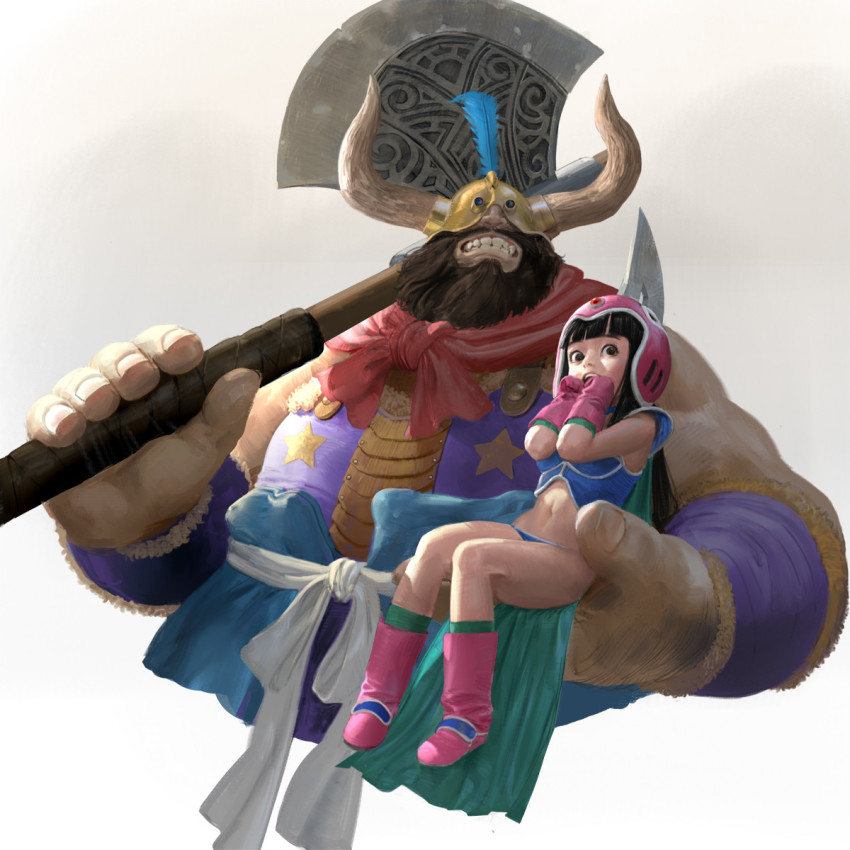 1boy 1girl axe beard bikini blue_bikini blunt_bangs boots chi-chi_(dragon_ball) clothing_request commentary dragon_ball facial_hair fake_horns father_and_daughter feathers gloves gyuu_mao helmet highres holding horned_helmet horns long_hair looking_away midriff muscular muscular_child muscular_male pink_boots sangsoo_jeong simple_background swimsuit tagme teeth upper_teeth_only white_background