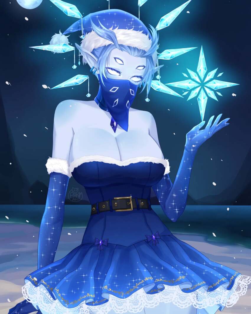 1girl armpit_crease artist_name bandana bandana_over_mouth bare_shoulders beach blank_eyes blue_dress blue_gloves blue_santa_costume blue_skin bow breasts chest_jewel cleavage colored_skin commission crystal dress dress_bow earrings elbow_gloves extra_eyes full_moon fur_trim gloves glowing_crystal hat highres jewelry lace lace-trimmed_dress lace_trim large_breasts looking_down moon multiple_earrings night pakim_art pointy_ears runescape santa_costume santa_dress santa_hat seren_(runescape) short_hair shoulder_blush sidelocks signature solo sparkle sparkle_print strapless strapless_dress white_trim