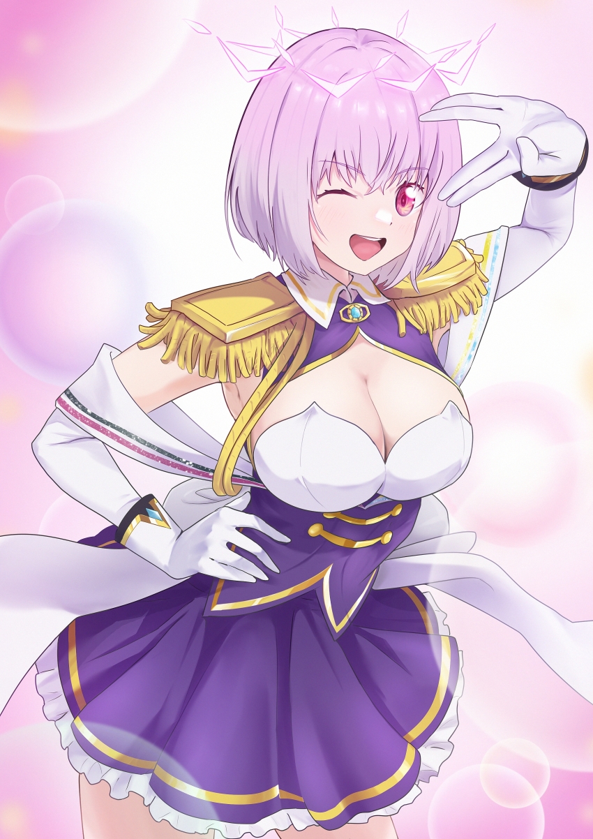 1girl ;d \// absurdres breast_cutout breasts cleavage corset cowboy_shot epaulettes frilled_skirt frills gloves gridman_universe hand_on_own_hip hand_up highres large_breasts long_sleeves miniskirt one_eye_closed open_mouth pingfan_de_mao pink_background pink_eyes pink_hair purple_corset purple_skirt shinjou_akane shinjou_akane_(new_order) skirt smile solo ssss.gridman white_gloves