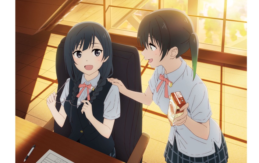 2girls absurdres artbook black_hair braid buttons chair collared_shirt dress_shirt glasses gradient_hair green_eyes green_hair grey_eyes grey_skirt highres holding holding_removed_eyewear indoors long_hair love_live! love_live!_nijigasaki_high_school_idol_club low_twintails medium_hair multicolored_hair multiple_girls nakagawa_nana neck_ribbon nijigasaki_school_uniform non-web_source official_art plaid_clothes plaid_skirt pleated_skirt red_ribbon ribbon school_uniform shirt short_sleeves sitting skirt smile summer_uniform sunset swept_bangs takasaki_yu twin_braids twintails two-tone_hair unworn_eyewear vest white_shirt yuki_setsuna yuki_setsuna_(love_live!)