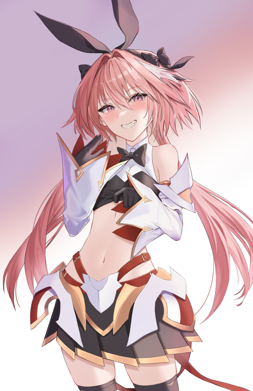 1boy absurdres armor astolfo_(fate) astolfo_(saber)_(fate) astolfo_(saber)_(first_ascension)_(fate) black_bow black_bowtie black_gloves black_ribbon blush bow bowtie chiato111 clothes_lift commentary crossdressing crossdressing_(mtf) detached_sleeves english_commentary eyelashes fate/grand_order fate_(series) faulds gloves gradient_background hair_bow hair_intakes highres lifting_own_clothes long_hair looking_at_viewer low_twintails male_focus multicolored_hair navel pink_hair pleated_skirt purple_eyes ribbon shirt_lift simple_background skirt smile solo standing streaked_hair thighhighs trap twintails white_hair zettai_ryouiki