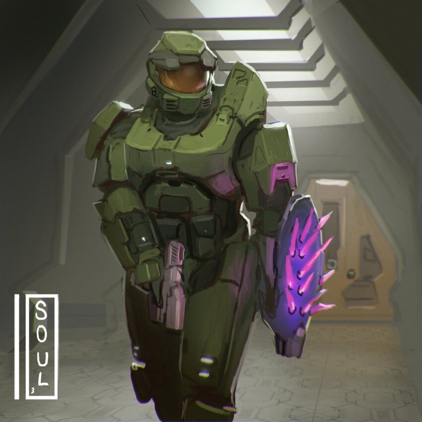1boy artist_name assault_visor asymmetrical_dual_wielding commentary dual_wielding english_commentary gloves green_gloves green_helmet gun halo:_combat_evolved halo_(series) handgun helmet highres holding holding_gun holding_weapon indoors looking_to_the_side m6d male_focus master_chief needler redesign solo soul_ant19 spartan_(halo) trigger_discipline weapon