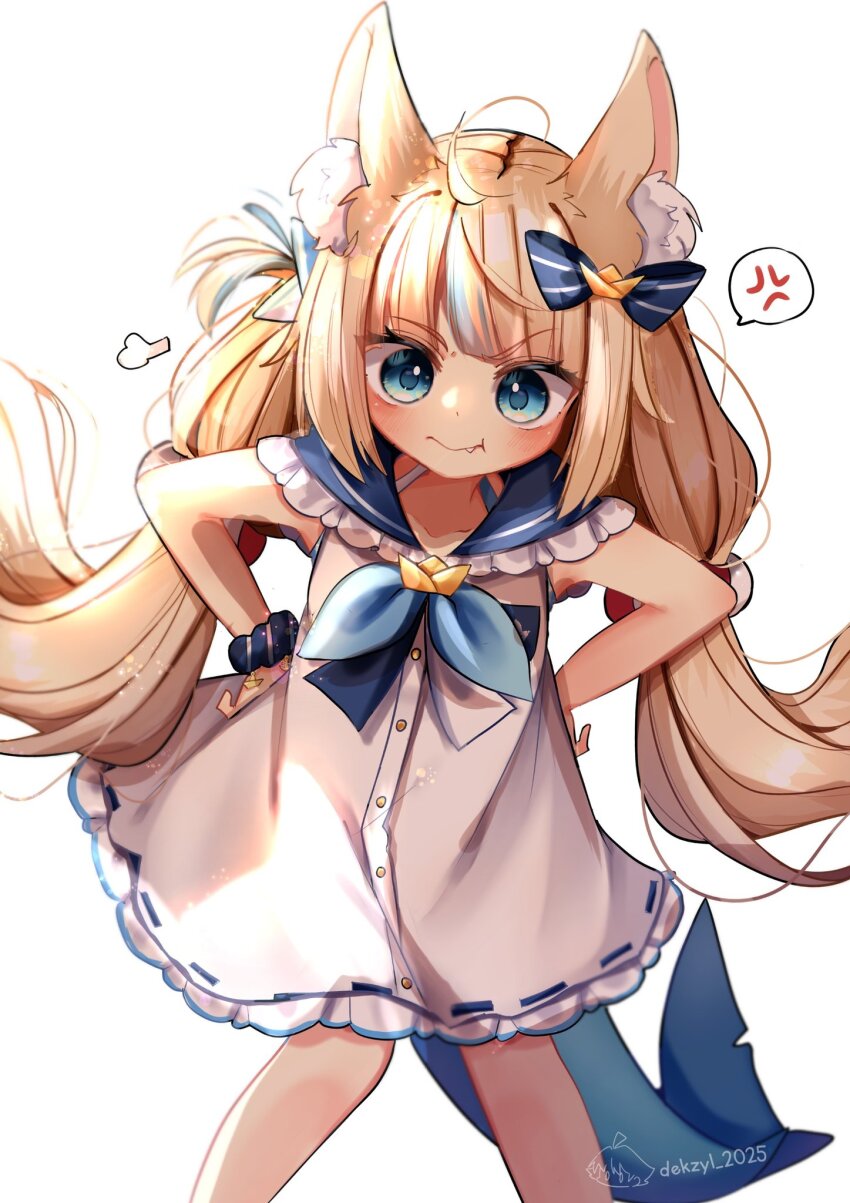1girl anger_vein animal_ears blonde_hair blue_hair blue_sailor_collar blue_scrunchie cat_ears closed_mouth commentary dekzyl dress fang fang_out feet_out_of_frame fins fish_girl fish_tail flat_chest frilled_sailor_collar frills hashtag-only_commentary highres indie_virtual_youtuber knees_together_feet_apart long_hair looking_at_viewer low_twintails multicolored_hair one_side_up sailor_collar sameko_saba scrunchie signature simple_background solo speech_bubble spoken_anger_vein streaked_hair symbol-only_commentary tail twintails two-tone_hair very_long_hair white_background white_dress wrist_scrunchie