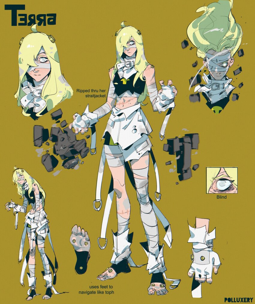 1girl absurdres ahoge artist_name bandage_over_one_eye bandaged_arm bandaged_head bandaged_leg bandaged_torso bandages bare_shoulders barefoot belt belt_collar black_shirt black_shorts blind blonde_hair brown_background character_name collar dc_comics dirty dirty_clothes dirty_feet feet fingerless_gloves floating_hair floating_rock foot_belt glove_belt gloves glowing glowing_eye hair_between_eyes hair_over_one_eye highres leg_belt long_hair midriff multiple_views navel polluxery redesign rock scar shirt shorts signature straitjacket superhero_costume teen_titans terra_(dc) torn_clothes torn_shirt white_belt white_eyes white_gloves